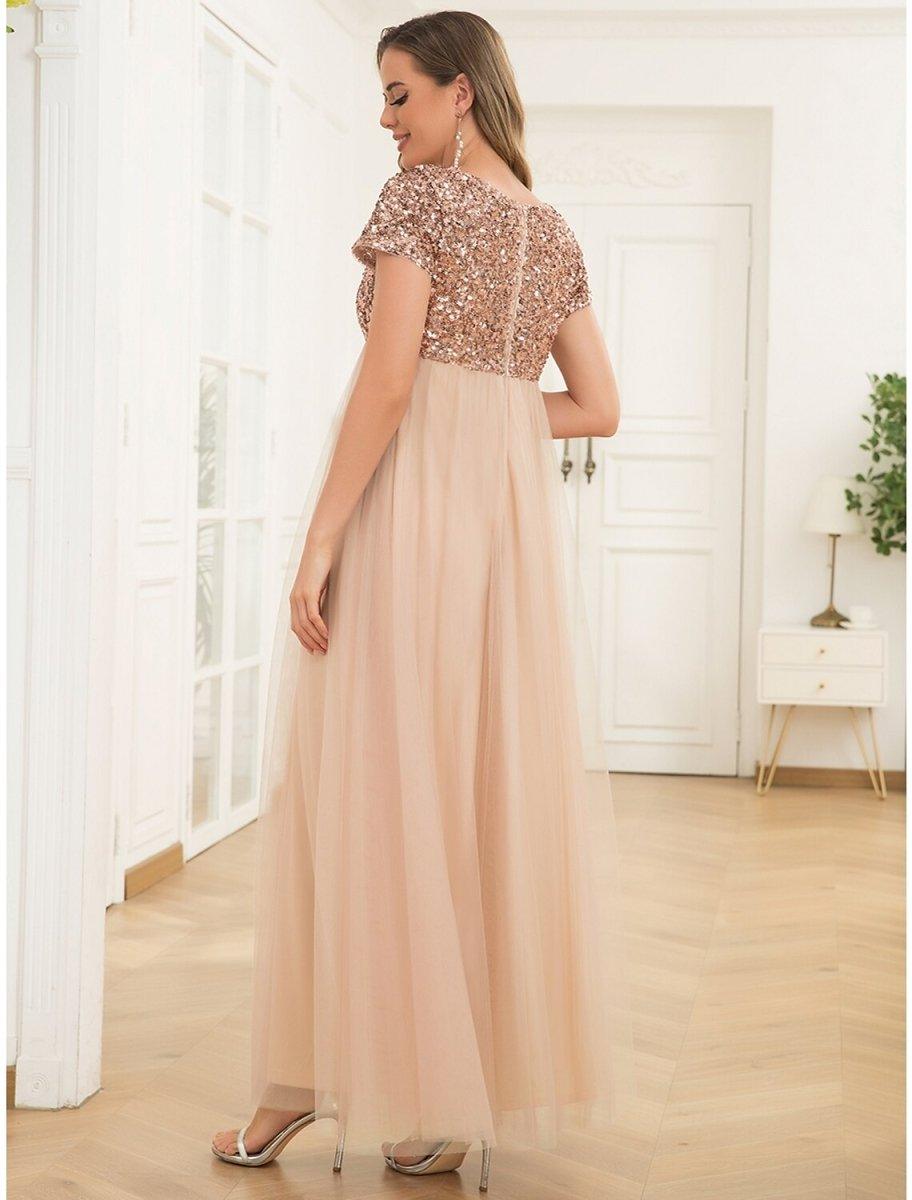 NumberSea - A - Line Party Dresses Maternity Dress Party Wear Wedding Guest Ankle Length Short Sleeve Jewel Neck Tulle with Sequin