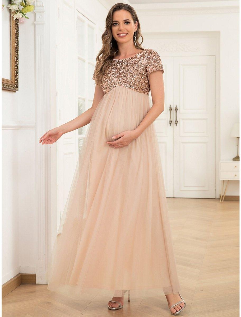 NumberSea - A - Line Party Dresses Maternity Dress Party Wear Wedding Guest Ankle Length Short Sleeve Jewel Neck Tulle with Sequin