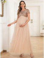 NumberSea - A - Line Party Dresses Maternity Dress Party Wear Wedding Guest Ankle Length Short Sleeve Jewel Neck Tulle with Sequin