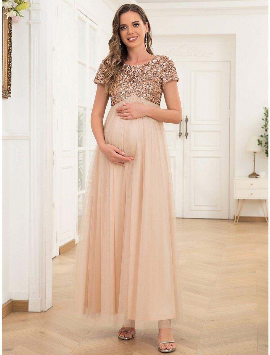 NumberSea - A - Line Party Dresses Maternity Dress Party Wear Wedding Guest Ankle Length Short Sleeve Jewel Neck Tulle with Sequin