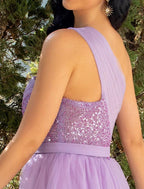 NumberSea - A - Line Party Dresses Sparkle & Shine Dress Wedding Party Sweep / Brush Train Sleeveless One Shoulder Tulle with Pearls Sequin Slit