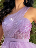 NumberSea - A - Line Party Dresses Sparkle & Shine Dress Wedding Party Sweep / Brush Train Sleeveless One Shoulder Tulle with Pearls Sequin Slit