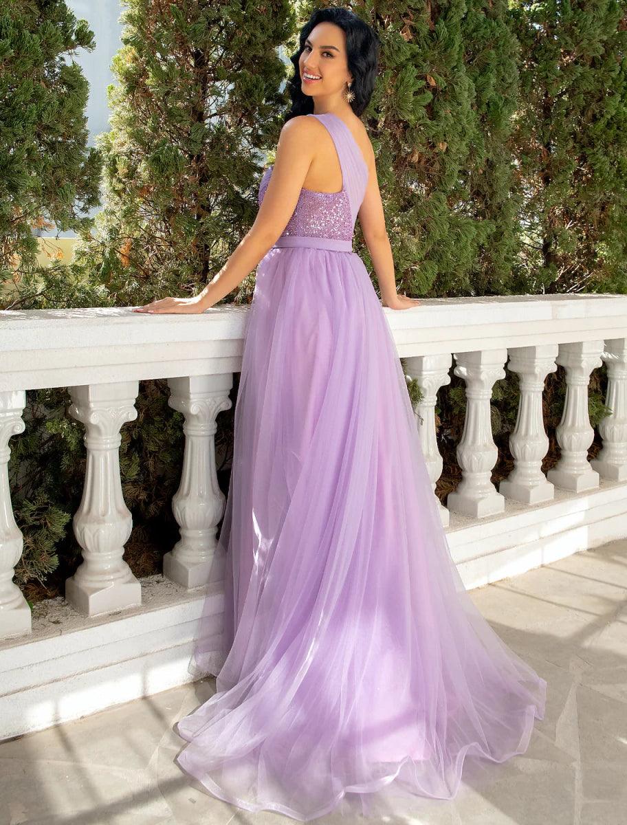 NumberSea - A - Line Party Dresses Sparkle & Shine Dress Wedding Party Sweep / Brush Train Sleeveless One Shoulder Tulle with Pearls Sequin Slit