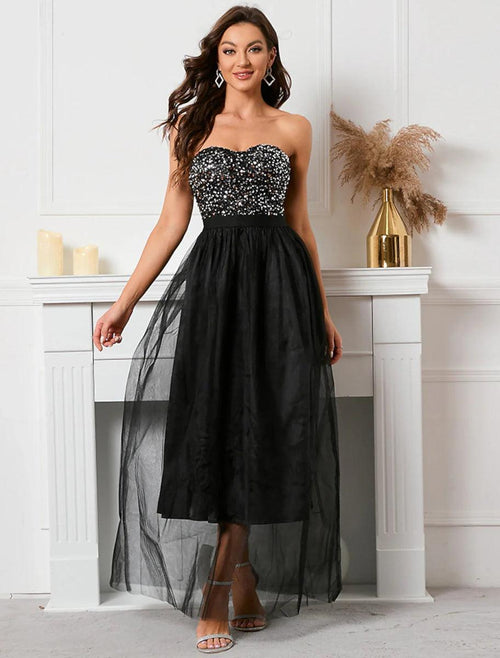 NumberSea - A - Line Party Dresses Vintage Dress Holiday Summer Floor Length Sleeveless Strapless Sequined with Sequin