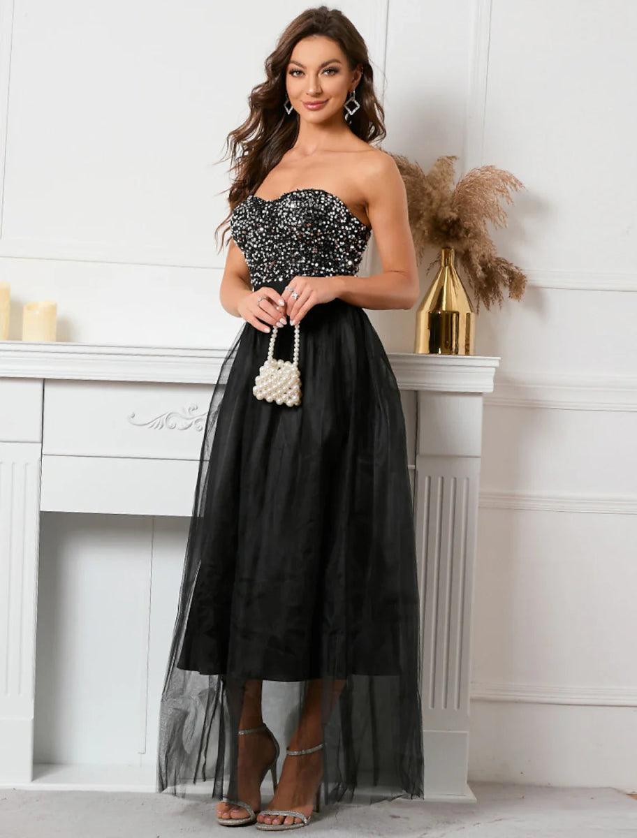 NumberSea - A - Line Party Dresses Vintage Dress Holiday Summer Floor Length Sleeveless Strapless Sequined with Sequin
