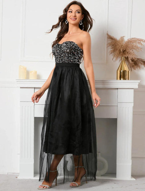 NumberSea - A - Line Party Dresses Vintage Dress Holiday Summer Floor Length Sleeveless Strapless Sequined with Sequin