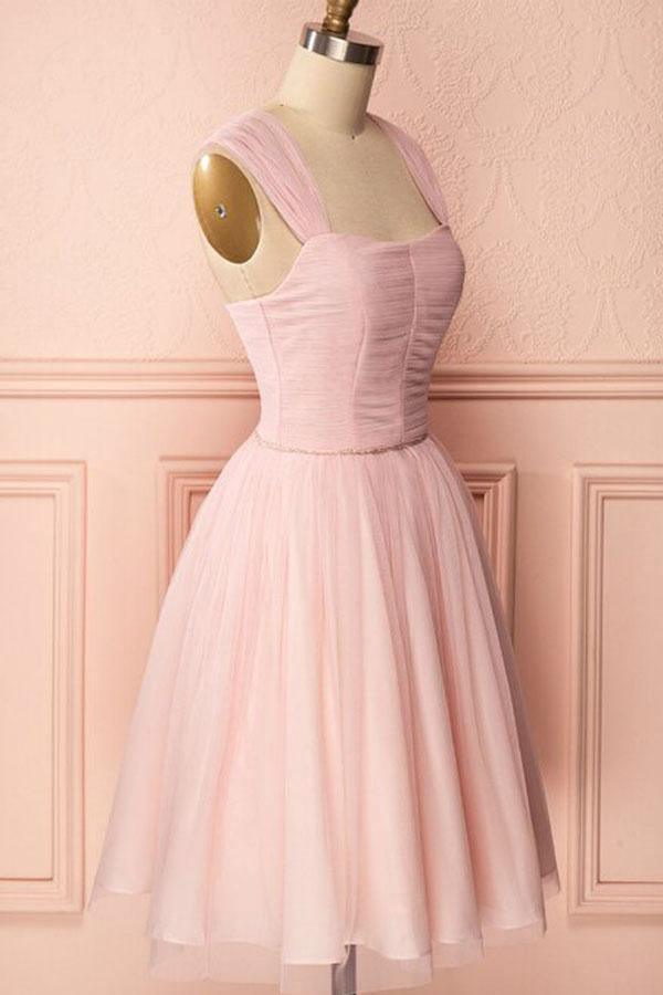 A-Line Pink Tulle Straps Pleats Beading Homecoming Dress Short Prom Dress