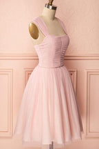 A-Line Pink Tulle Straps Pleats Beading Homecoming Dress Short Prom Dress