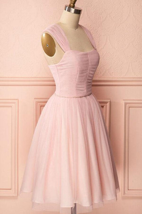A-Line Pink Tulle Straps Pleats Beading Homecoming Dress Short Prom Dress