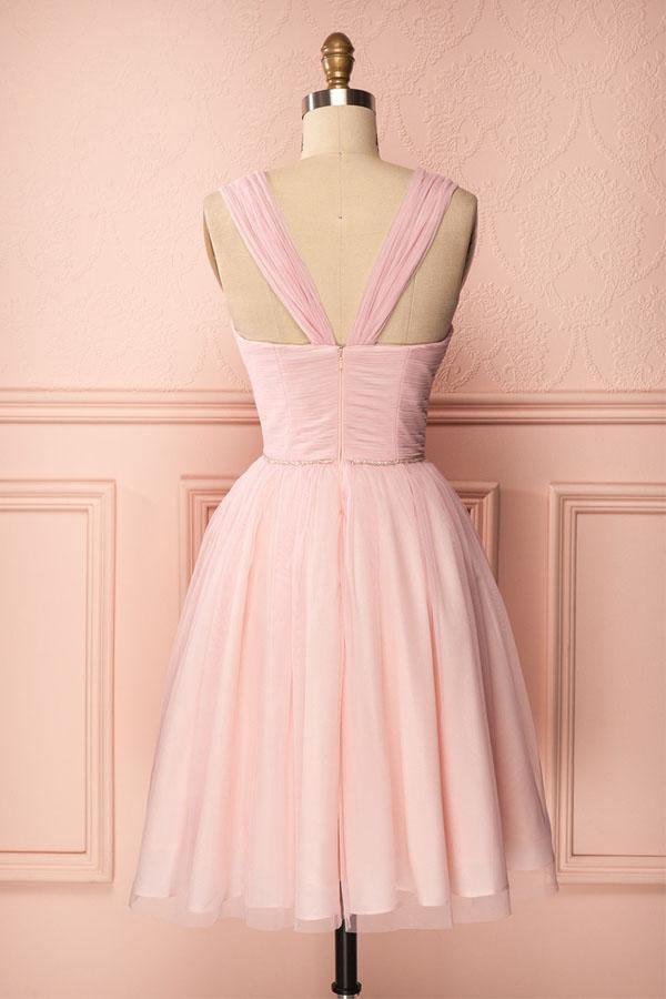 A-Line Pink Tulle Straps Pleats Beading Homecoming Dress Short Prom Dress
