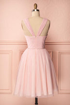 A-Line Pink Tulle Straps Pleats Beading Homecoming Dress Short Prom Dress