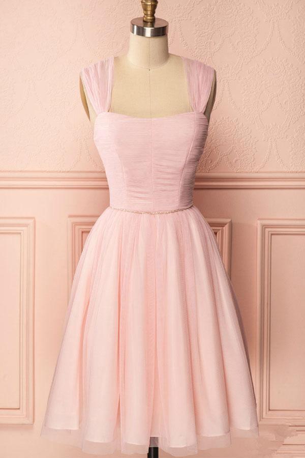 A-Line Pink Tulle Straps Pleats Beading Homecoming Dress Short Prom Dress