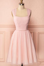 A-Line Pink Tulle Straps Pleats Beading Homecoming Dress Short Prom Dress