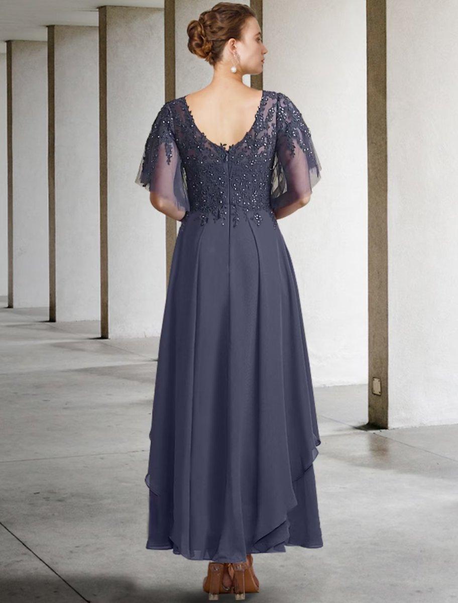 NumberSea-A-Line Plus Size Curve Mother of the Bride Dress Elegant Jewel Neck Ankle Length Chiffon Lace Short Sleeve with Beading Sequin Appliques