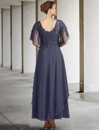 NumberSea - A - Line Plus Size Curve Mother of the Bride Dress Elegant Jewel Neck Ankle Length Chiffon Lace Short Sleeve with Beading Sequin Appliques