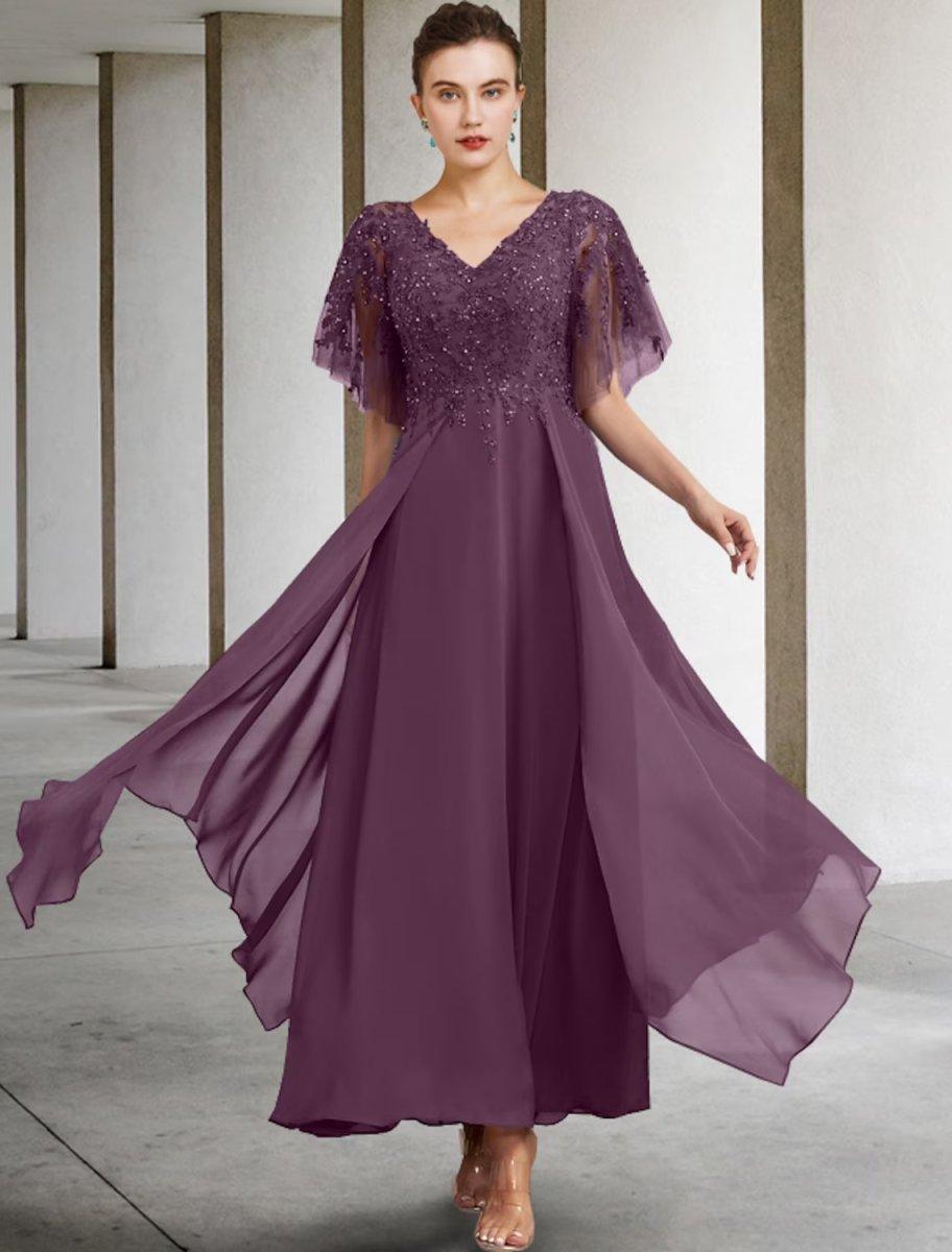 NumberSea-A-Line Plus Size Curve Mother of the Bride Dress Elegant Jewel Neck Ankle Length Chiffon Lace Short Sleeve with Beading Sequin Appliques