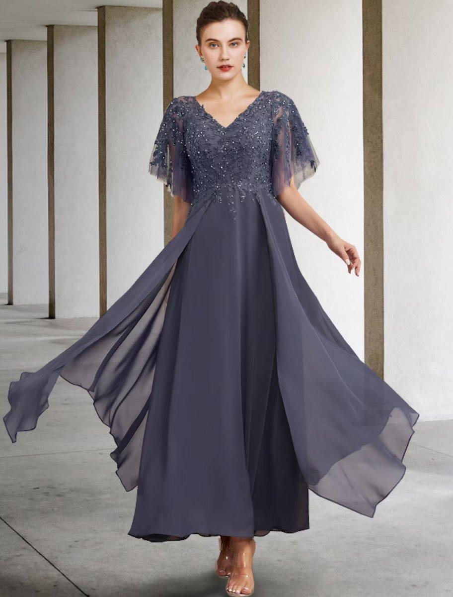 NumberSea-A-Line Plus Size Curve Mother of the Bride Dress Elegant Jewel Neck Ankle Length Chiffon Lace Short Sleeve with Beading Sequin Appliques