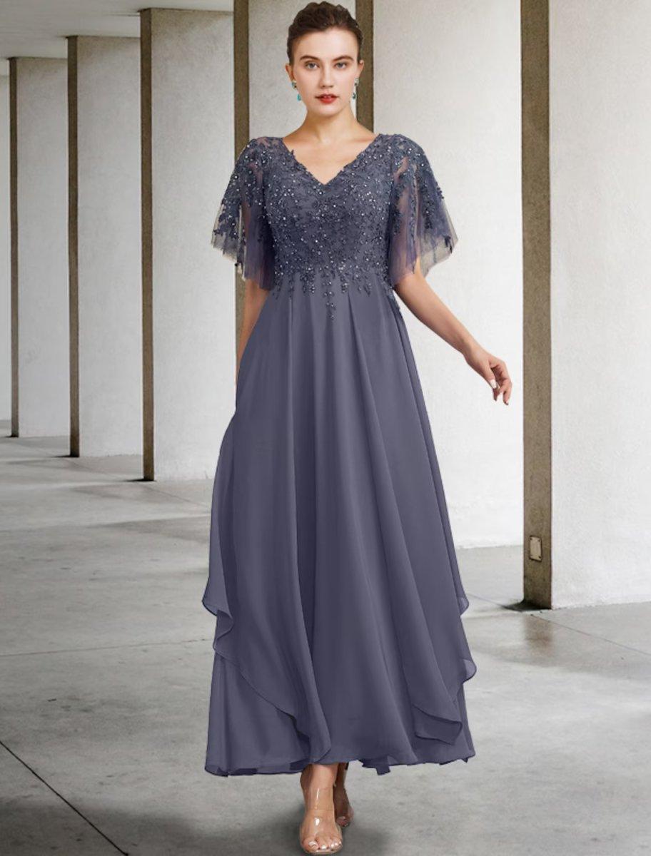 NumberSea-A-Line Plus Size Curve Mother of the Bride Dress Elegant Jewel Neck Ankle Length Chiffon Lace Short Sleeve with Beading Sequin Appliques US
