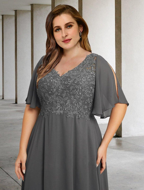 NumberSea - A - Line Plus Size Curve Mother of the Bride Dresses Elegant Dress Formal Floor Length Short Sleeve V Neck Chiffon with Pleats Appliques