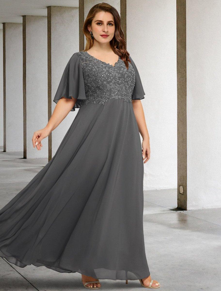 NumberSea-A-Line Plus Size Curve Mother of the Bride Dresses Elegant Dress Formal Floor Length Short Sleeve V Neck Chiffon with Pleats Appliques US 16