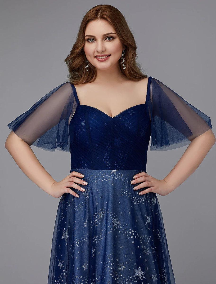 A-Line Plus Size Dress Prom Floor Length Short Sleeve Sweetheart Tulle Lace-up with Beading Pattern / Print Navy