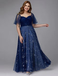 NumberSea - A - Line Plus Size Dress Prom Floor Length Short Sleeve Sweetheart Tulle Lace - up with Beading Pattern / Print