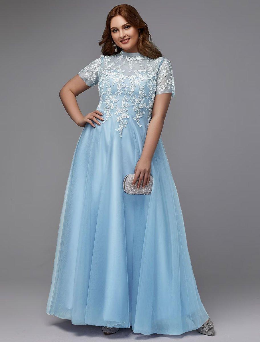 A-Line Plus Size Dress Wedding Guest Floor Length Short Sleeve High Ne – NumberSea