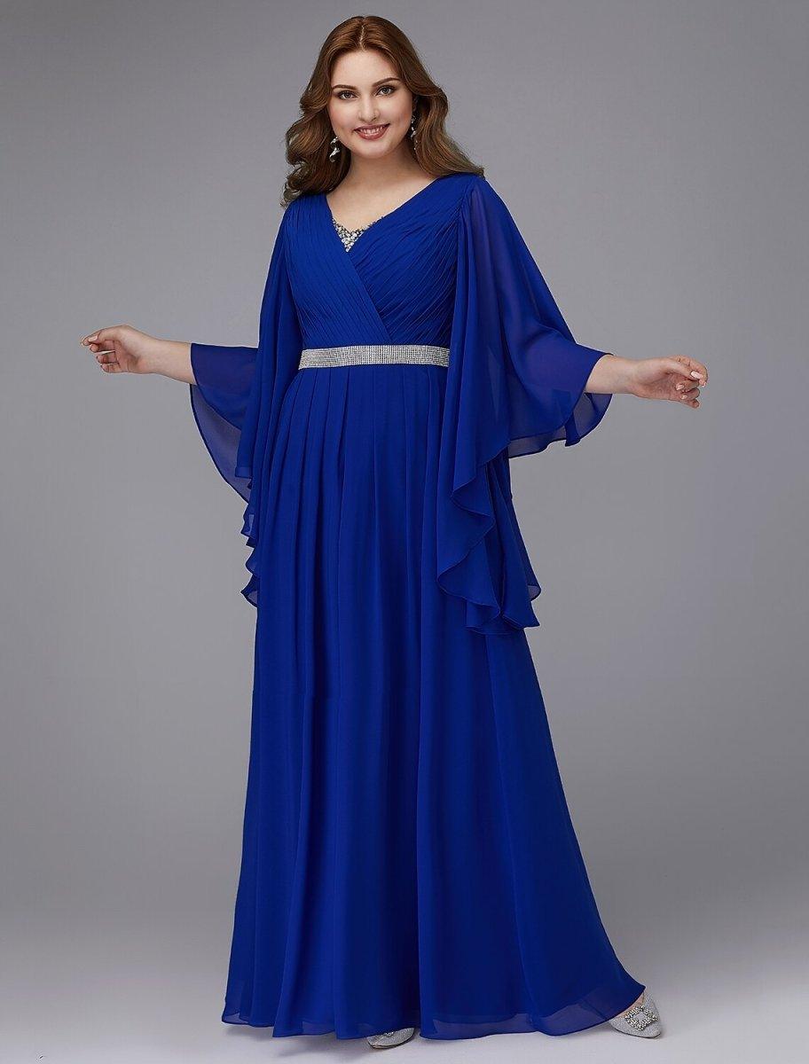 a line wedding guest dress plus size A-Line Formal Evening Floor Length Long Sleeve V Neck Chiffon Lace-up with Crystals Sequin ready to wear size:46 A Line Wedding Dress The surplice V