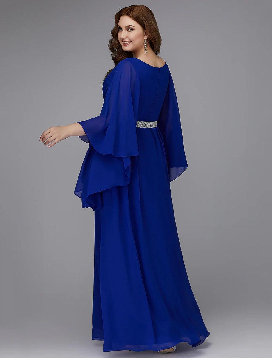 NumberSea - A - Line Plus Size Dress Wedding Guest Formal Evening Floor Length Long Sleeve V Neck Chiffon Lace - up with Crystals Sequin