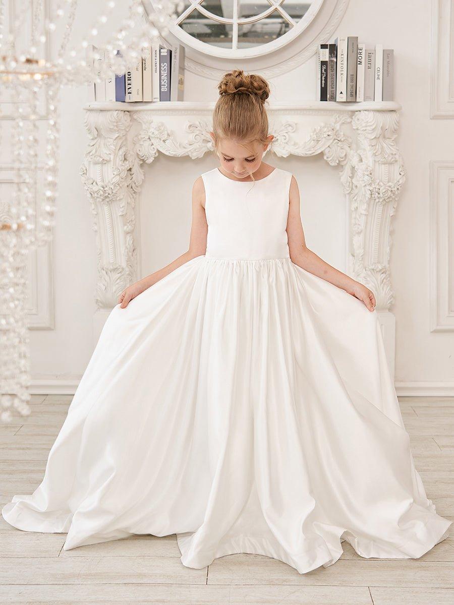 NumberSea - A - Line Princess Sleeveless Satin Flower Girl Dress with Sweep Train and Bow