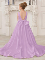NumberSea - A - Line Princess Sleeveless Satin Flower Girl Dress with Sweep Train and Bow