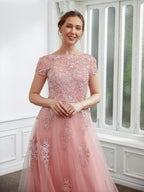 NumberSea - A - Line Princess Tulle Applique Short Sleeves Length Dresses