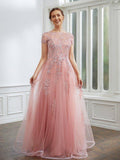 NumberSea - A - Line Princess Tulle Applique Short Sleeves Length Dresses