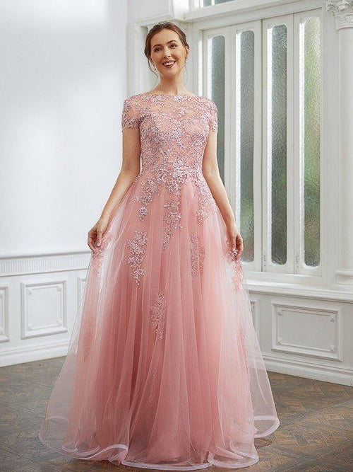 NumberSea - A - Line Princess Tulle Applique Short Sleeves Length Dresses