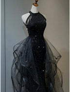 NumberSea - A - Line Prom Black Dress Plus Size Vintage Dress Wedding Party Birthday Sweep / Brush Train Sleeveless Halter Neck Wednesday Addams Family Sequined with Crystals Sequin Ruffles