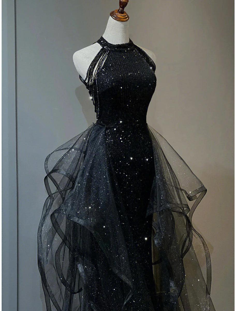 NumberSea - A - Line Prom Black Dress Plus Size Vintage Dress Wedding Party Birthday Sweep / Brush Train Sleeveless Halter Neck Wednesday Addams Family Sequined with Crystals Sequin Ruffles