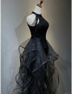 NumberSea - A - Line Prom Black Dress Plus Size Vintage Dress Wedding Party Birthday Sweep / Brush Train Sleeveless Halter Neck Wednesday Addams Family Sequined with Crystals Sequin Ruffles