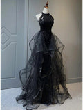 NumberSea - A - Line Prom Black Dress Plus Size Vintage Dress Wedding Party Birthday Sweep / Brush Train Sleeveless Halter Neck Wednesday Addams Family Sequined with Crystals Sequin Ruffles