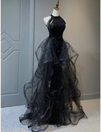 NumberSea - A - Line Prom Black Dress Plus Size Vintage Dress Wedding Party Birthday Sweep / Brush Train Sleeveless Halter Neck Wednesday Addams Family Sequined with Crystals Sequin Ruffles