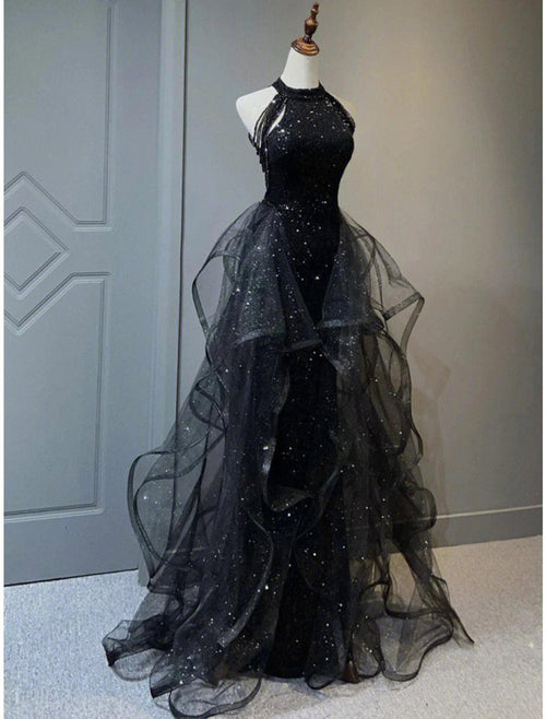 NumberSea - A - Line Prom Black Dress Plus Size Vintage Dress Wedding Party Birthday Sweep / Brush Train Sleeveless Halter Neck Wednesday Addams Family Sequined with Crystals Sequin Ruffles