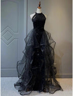 NumberSea - A - Line Prom Black Dress Plus Size Vintage Dress Wedding Party Birthday Sweep / Brush Train Sleeveless Halter Neck Wednesday Addams Family Sequined with Crystals Sequin Ruffles