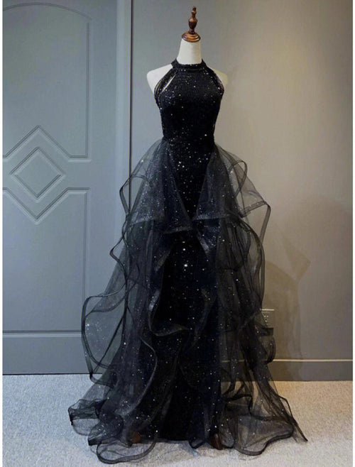 NumberSea - A - Line Prom Black Dress Plus Size Vintage Dress Wedding Party Birthday Sweep / Brush Train Sleeveless Halter Neck Wednesday Addams Family Sequined with Crystals Sequin Ruffles