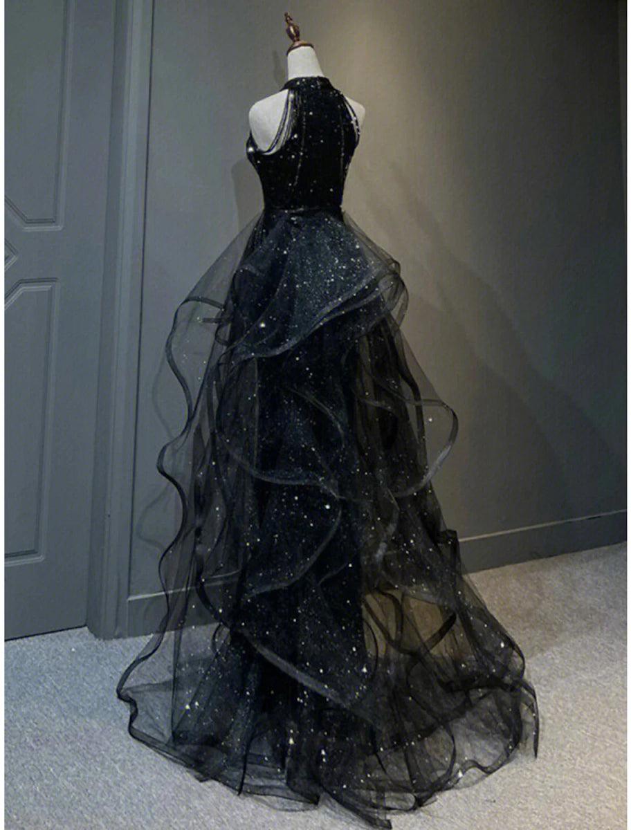 NumberSea - A - Line Prom Black Dress Plus Size Vintage Dress Wedding Party Birthday Sweep / Brush Train Sleeveless Halter Neck Wednesday Addams Family Sequined with Crystals Sequin Ruffles