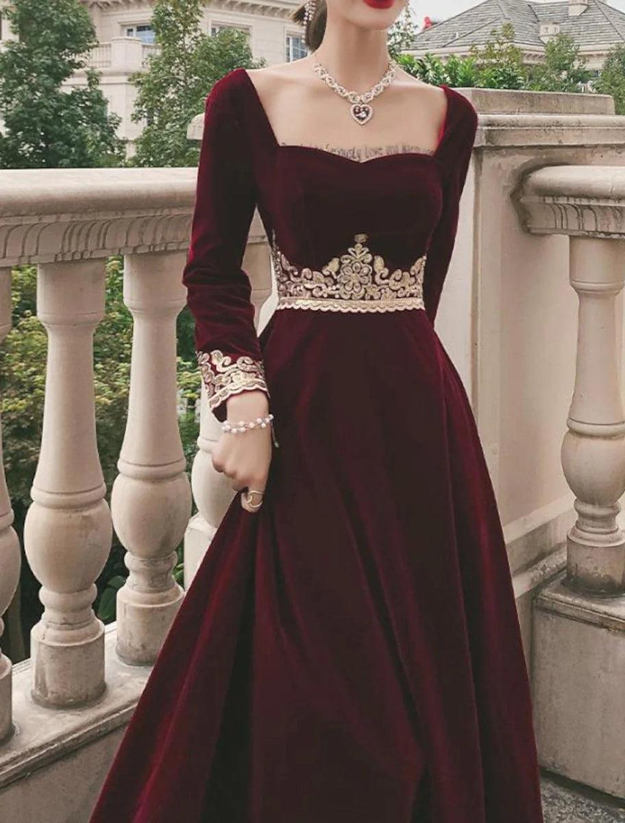 NumberSea - A - Line Prom Black Dress Vintage Dress Halloween Party Wear Floor Length Long Sleeve Scoop Neck Fall Wedding Guest Velvet with Appliques