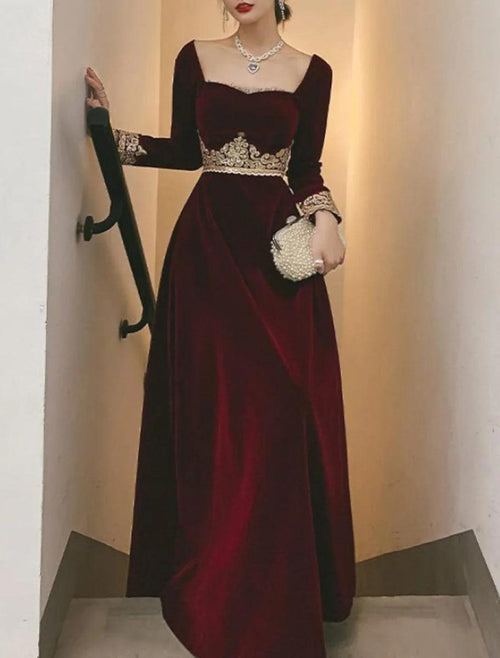 NumberSea - A - Line Prom Black Dress Vintage Dress Halloween Party Wear Floor Length Long Sleeve Scoop Neck Fall Wedding Guest Velvet with Appliques