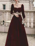 NumberSea - A - Line Prom Black Dress Vintage Dress Halloween Party Wear Floor Length Long Sleeve Scoop Neck Fall Wedding Guest Velvet with Appliques