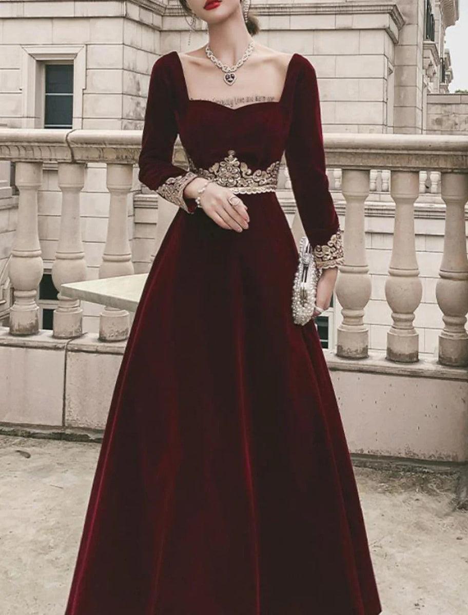 NumberSea - A - Line Prom Black Dress Vintage Dress Halloween Party Wear Floor Length Long Sleeve Scoop Neck Fall Wedding Guest Velvet with Appliques