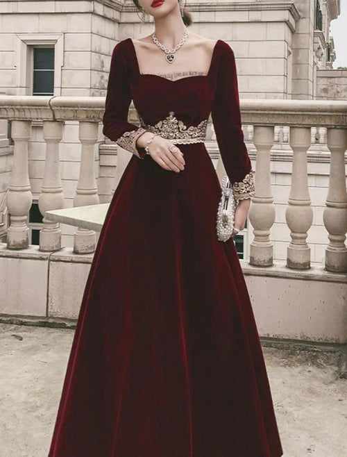 NumberSea - A - Line Prom Black Dress Vintage Dress Halloween Party Wear Floor Length Long Sleeve Scoop Neck Fall Wedding Guest Velvet with Appliques