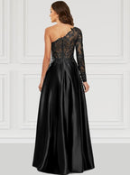NumberSea - A - Line Prom Dresses Black Dress Party Wear Floor Length Long Sleeve One Shoulder Satin with Slit