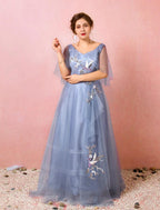 NumberSea - A - Line Prom Dresses Chinese Style Dress Prom Floor Length Half Sleeve V Neck Satin with Ruched Embroidery
